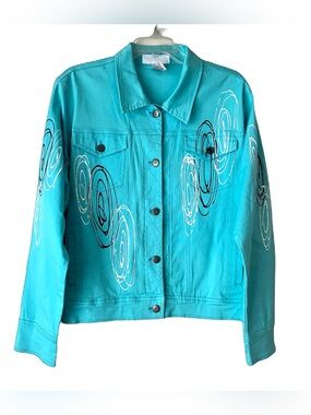 Hand Painted Jacket by Victoria, Aqua Blue w/ Black/White Swirls, Sz. XL